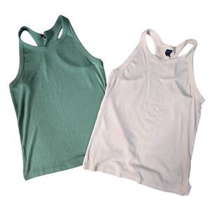 Ultralite Girls Lot/2 Ribbed Tank Tops XL 14/16 Dusty Sea Green & White Vacation